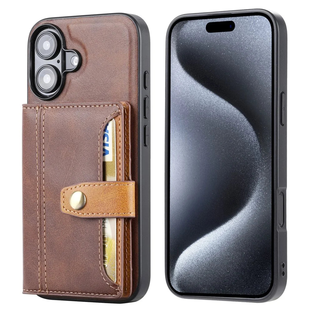For iPhone 17 Case Calf Texture Card Holder PU Leather + TPU Kicsktand Phone Cover - Brown - 1