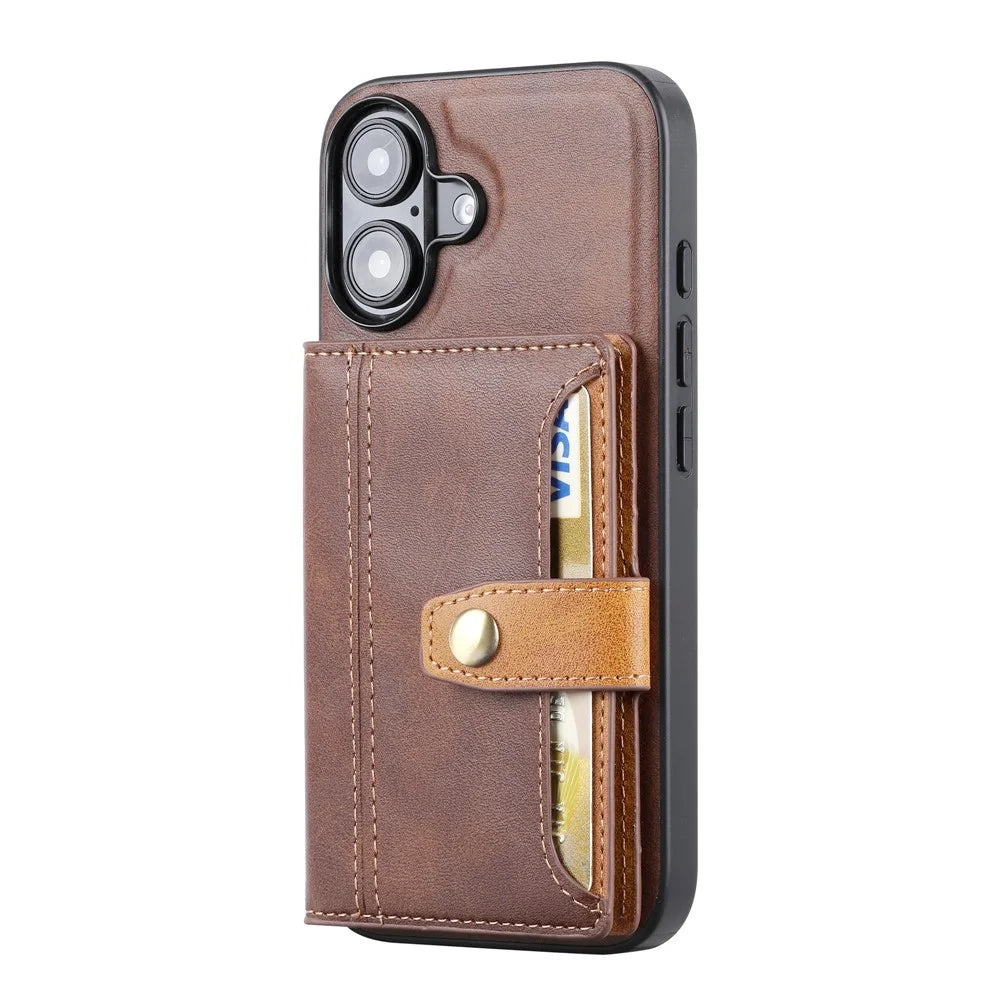 For iPhone 17 Case Calf Texture Card Holder PU Leather + TPU Kicsktand Phone Cover - Brown - 5