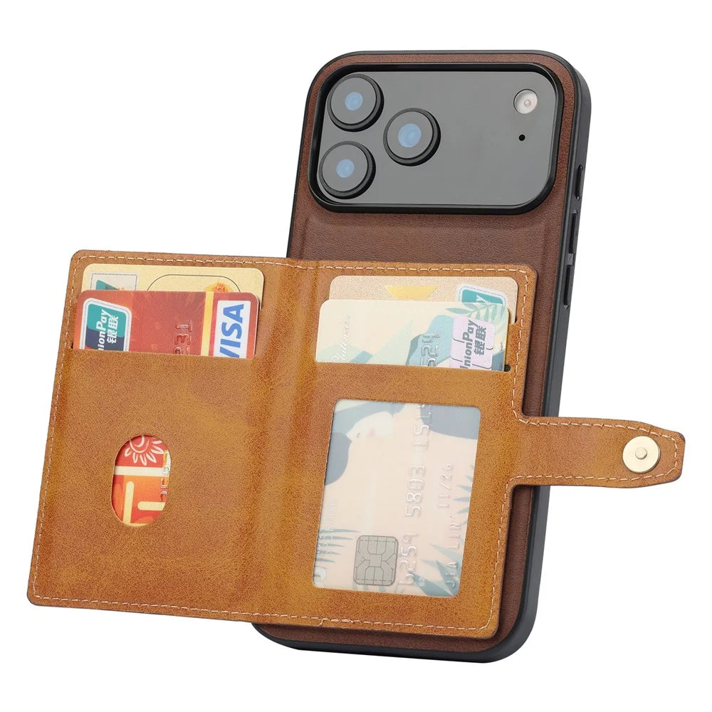 For iPhone 18 Pro / 17 Pro Case Calf Texture Card Holder PU Leather + TPU Kicsktand Phone Cover - Brown - 4