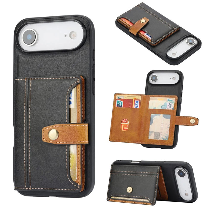 For iPhone Air Case Calf Texture Card Holder PU Leather + TPU Kicsktand Phone Cover - Black - 1