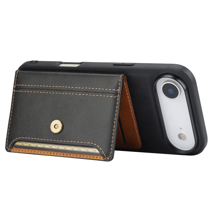 For iPhone Air Case Calf Texture Card Holder PU Leather + TPU Kicsktand Phone Cover - Black - 3