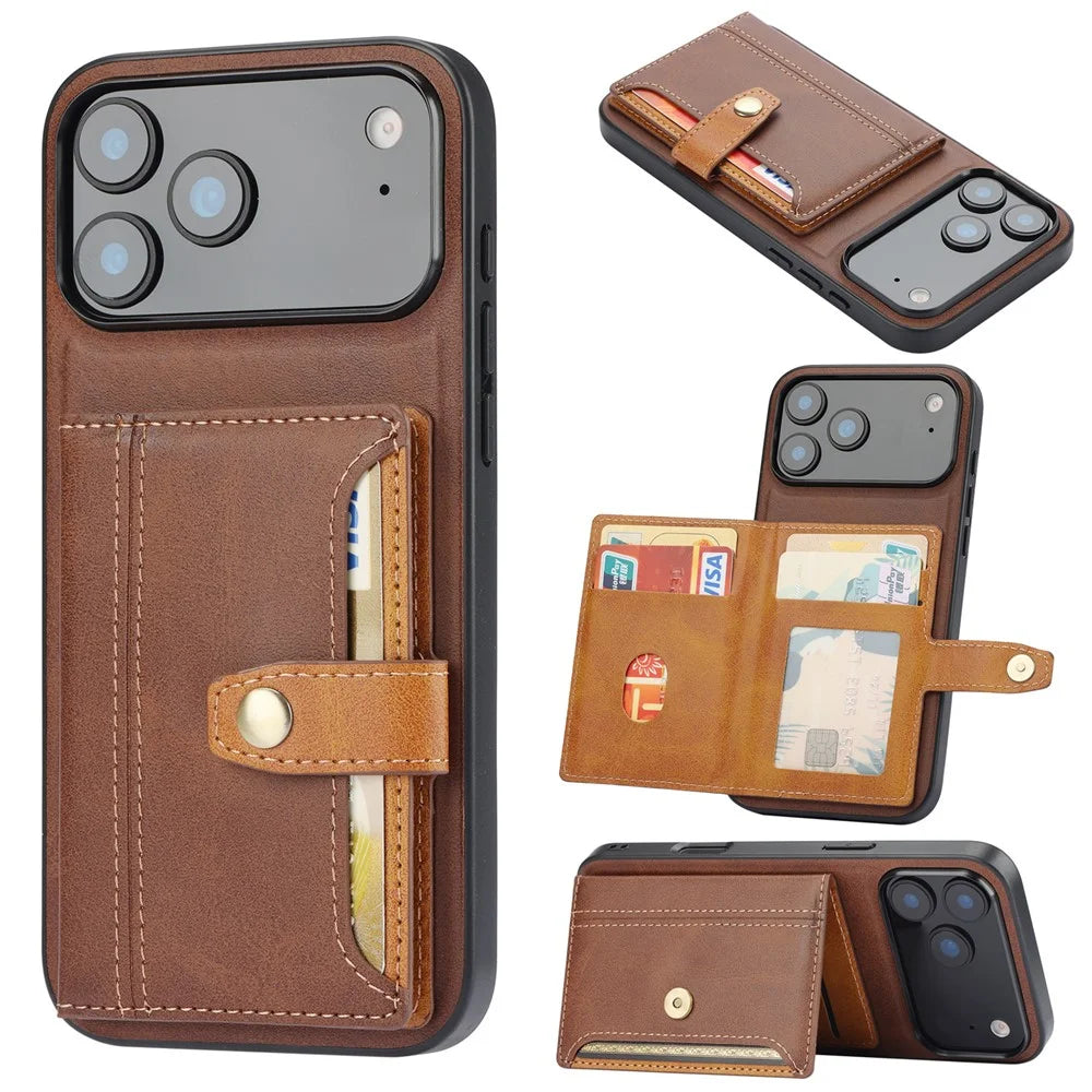 For iPhone 18 Pro Max / 17 Pro Max Case Calf Texture Card Holder PU Leather + TPU Kicsktand Phone Cover - Brown - 1