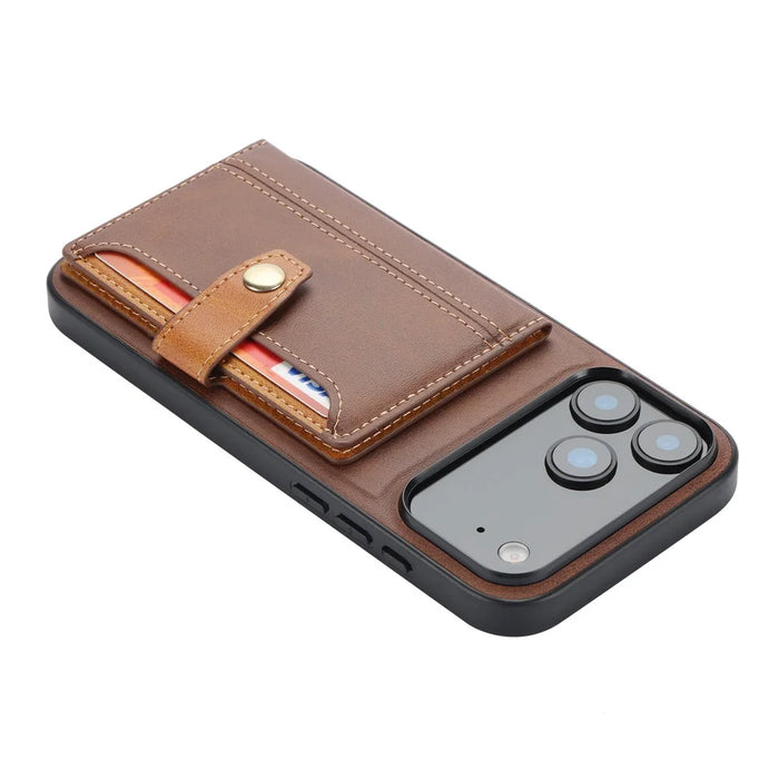 For iPhone 18 Pro Max / 17 Pro Max Case Calf Texture Card Holder PU Leather + TPU Kicsktand Phone Cover - Brown - 5