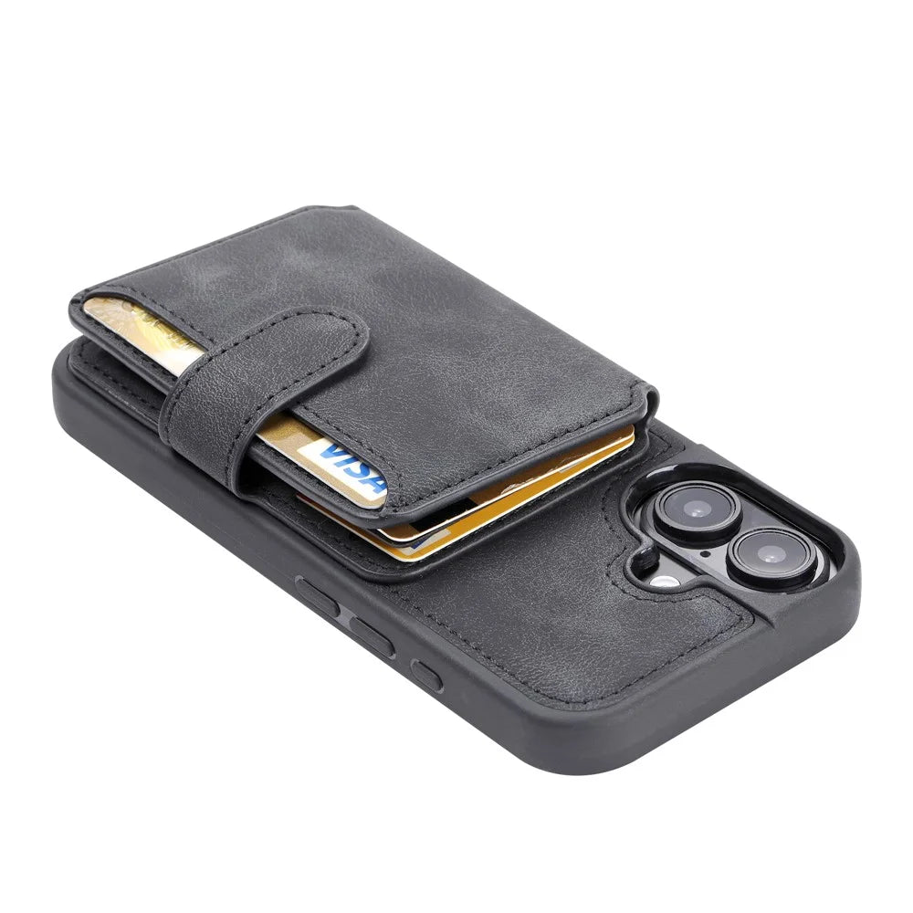 For iPhone 17 Case Wallet Card Slot TPU + PU Leather Back Phone Cover - Black - 5