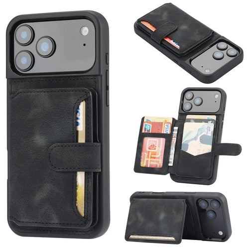 For iPhone 18 Pro / 17 Pro Case Wallet Card Slot TPU + PU Leather Back Phone Cover - Black - 1