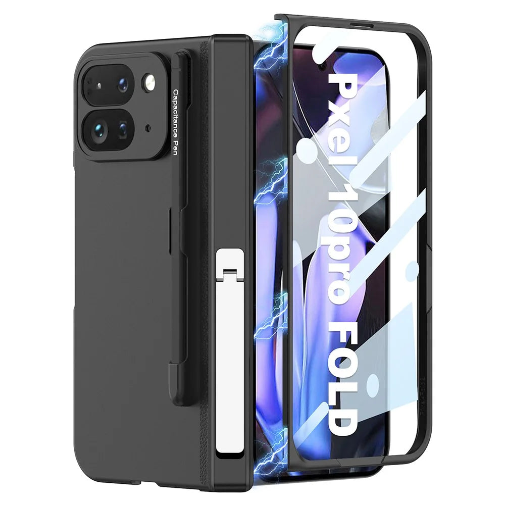 GKK For Google Pixel 10 Pro Fold Case with Stylus / Kickstand Magnetic Hinge Protection PC Phone Cover with Tempered Glass Film - Black - 1