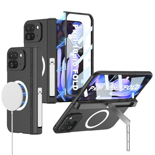 GKK For Google Pixel 10 Pro Fold Magnetic Case Hinge Protection PC Kickstand Phone Cover with Tempered Glass Film - Black - 1