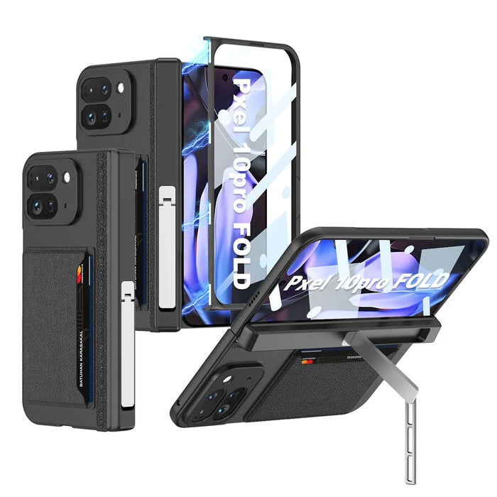 GKK For Google Pixel 10 Pro Fold Case with Card Holder / Kickstand / Magnetic Hinge Protection PC Phone Shell with Tempered Glass Film - Black - 1