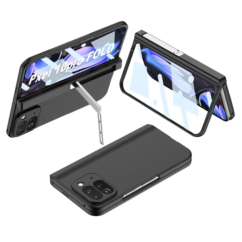 GKK For Google Pixel 10 Pro Fold Kickstand Case Magnetic Hinge Protection PC Phone Shell with Tempered Glass Film - Black - 1