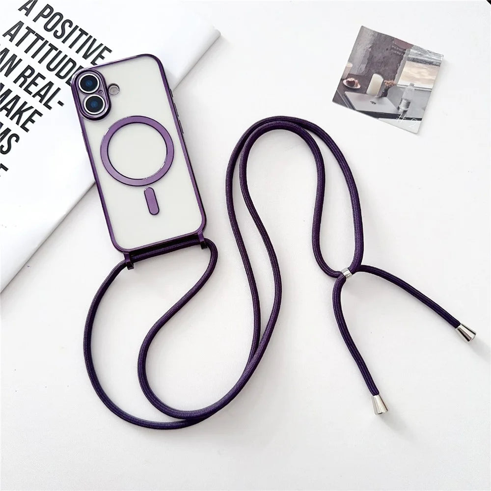 For iPhone 17 Case Compatible with MagSafe Electroplating TPU Phone Cover with Long Lanyard - Purple - 1