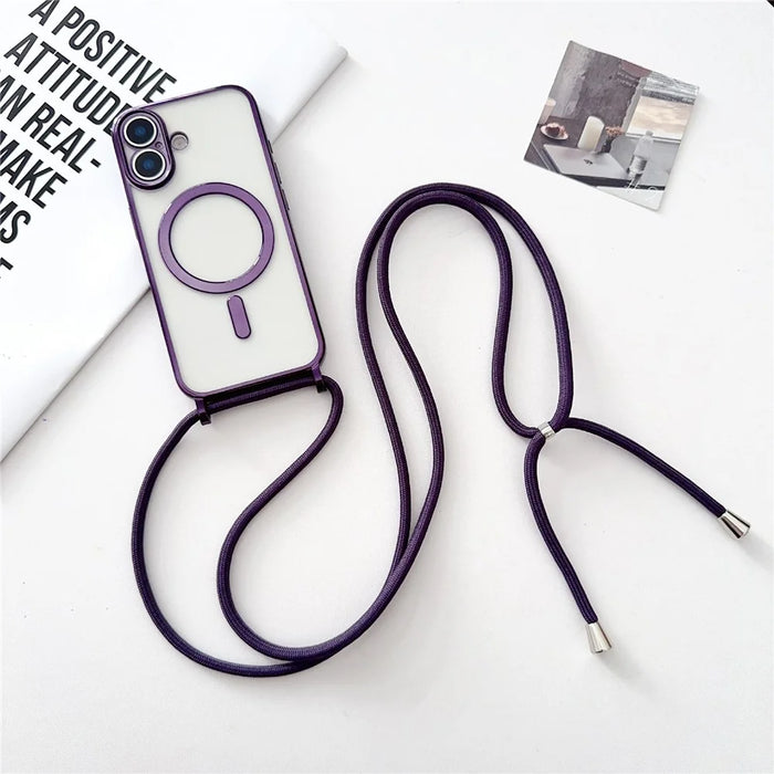 For iPhone 17 Case Compatible with MagSafe Electroplating TPU Phone Cover with Long Lanyard - Purple - 1
