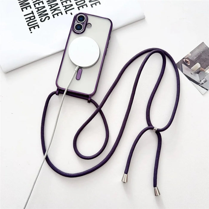 For iPhone 17 Case Compatible with MagSafe Electroplating TPU Phone Cover with Long Lanyard - Purple - 2