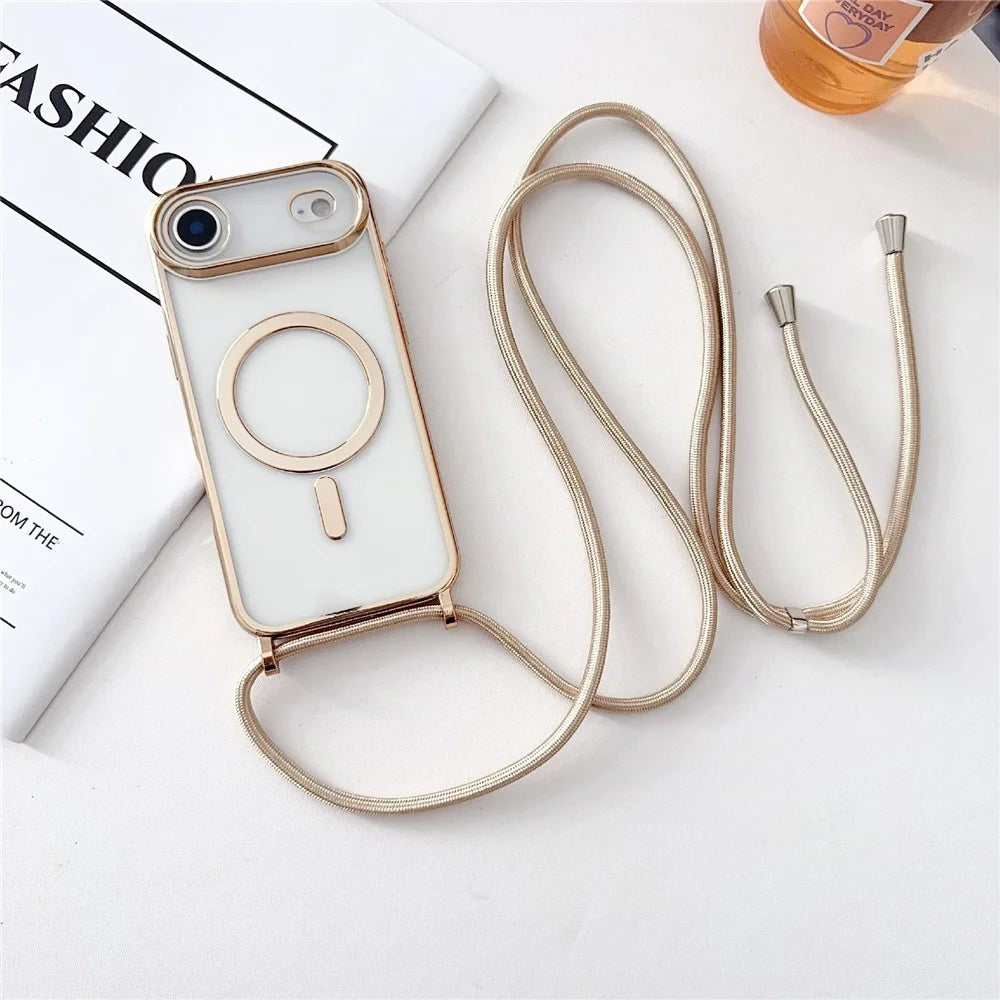 For iPhone Air Case Compatible with MagSafe Electroplating TPU Phone Cover with Long Lanyard - Gold - 1