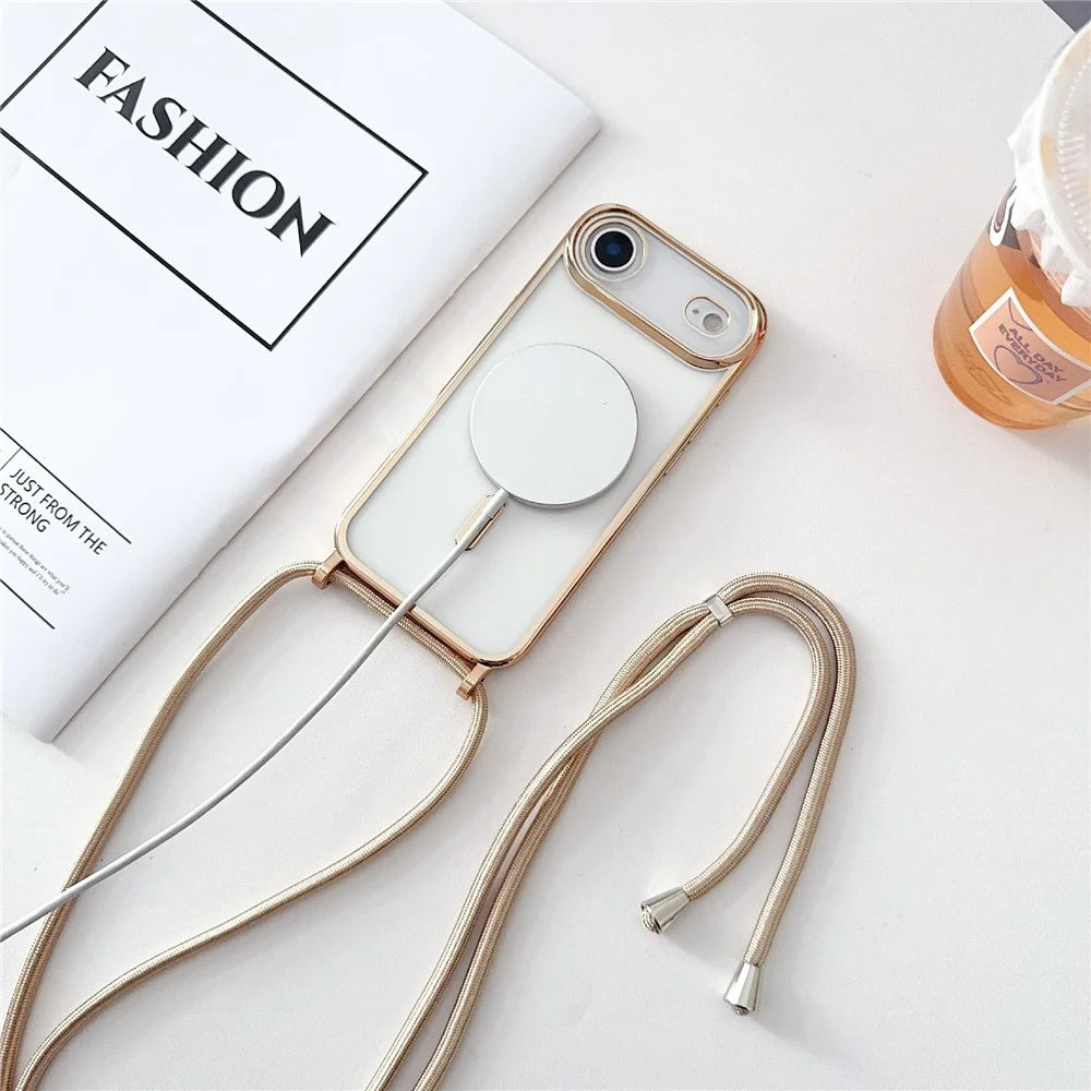 For iPhone Air Case Compatible with MagSafe Electroplating TPU Phone Cover with Long Lanyard - Gold - 2