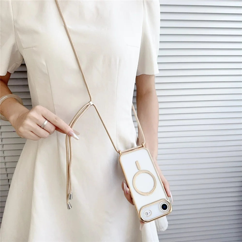 For iPhone Air Case Compatible with MagSafe Electroplating TPU Phone Cover with Long Lanyard - Gold - 3