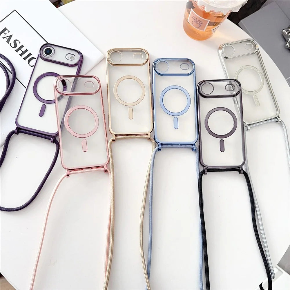 For iPhone Air Case Compatible with MagSafe Electroplating TPU Phone Cover with Long Lanyard - Gold - 7