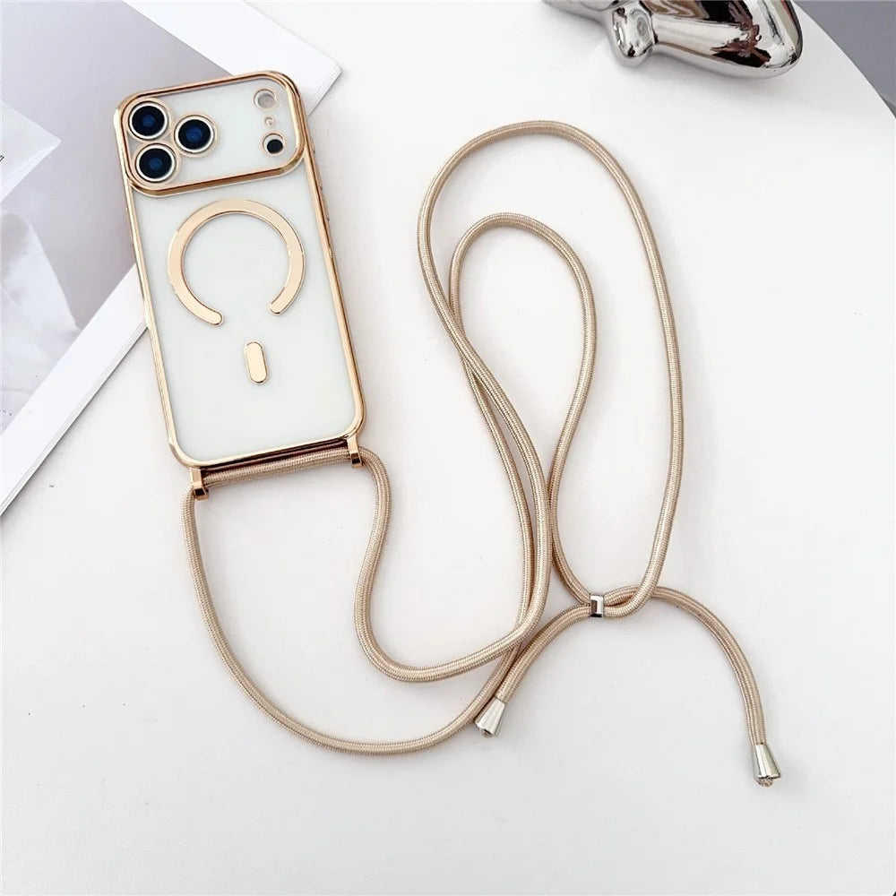 For iPhone 18 Pro Max / 17 Pro Max Case Compatible with MagSafe Electroplating TPU Phone Cover with Long Lanyard - Gold - 1