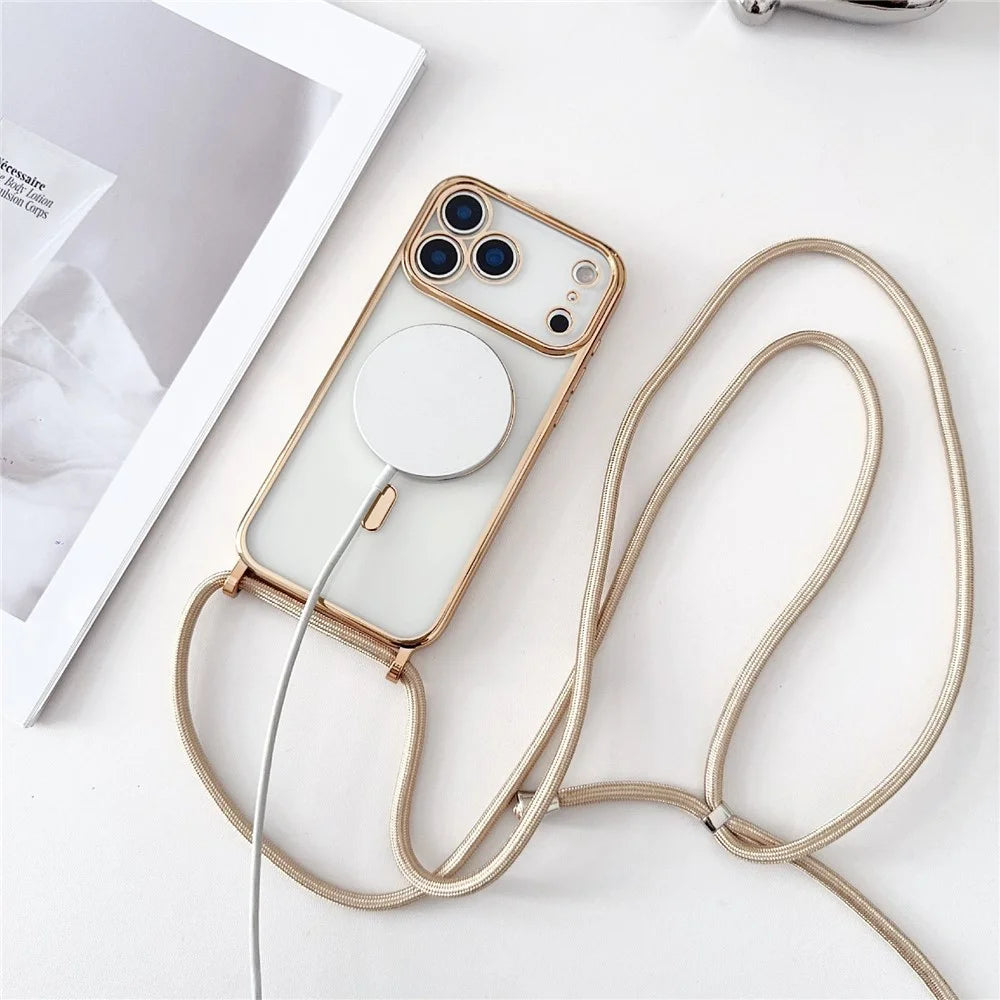 For iPhone 18 Pro Max / 17 Pro Max Case Compatible with MagSafe Electroplating TPU Phone Cover with Long Lanyard - Gold - 2