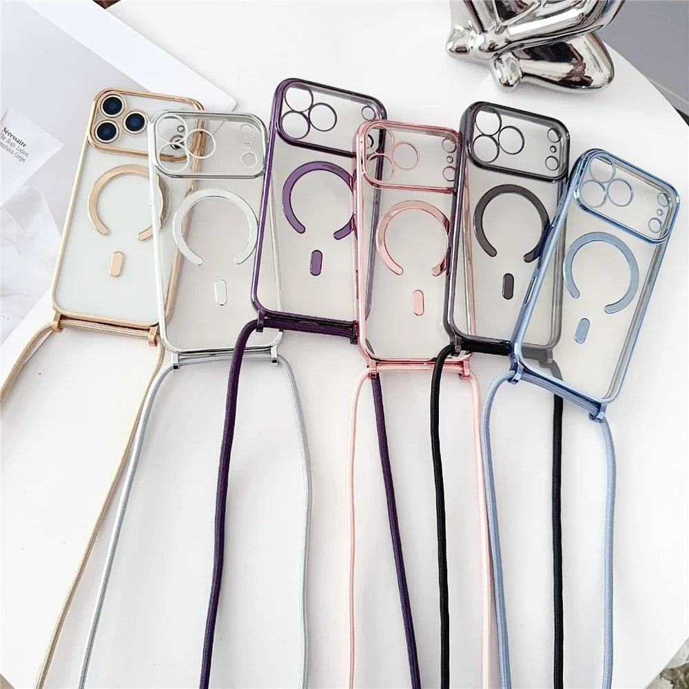 For iPhone 18 Pro Max / 17 Pro Max Case Compatible with MagSafe Electroplating TPU Phone Cover with Long Lanyard - Gold - 7