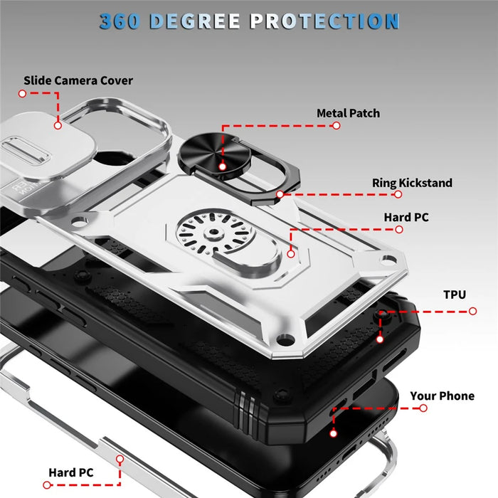 For iPhone 17 Case TPU + PC Slide Camshield Kickstand Phone Cover - White - 4