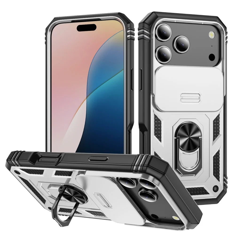 For iPhone 17 Pro Case TPU + PC Slide Camshield Kickstand Phone Cover - White - 1