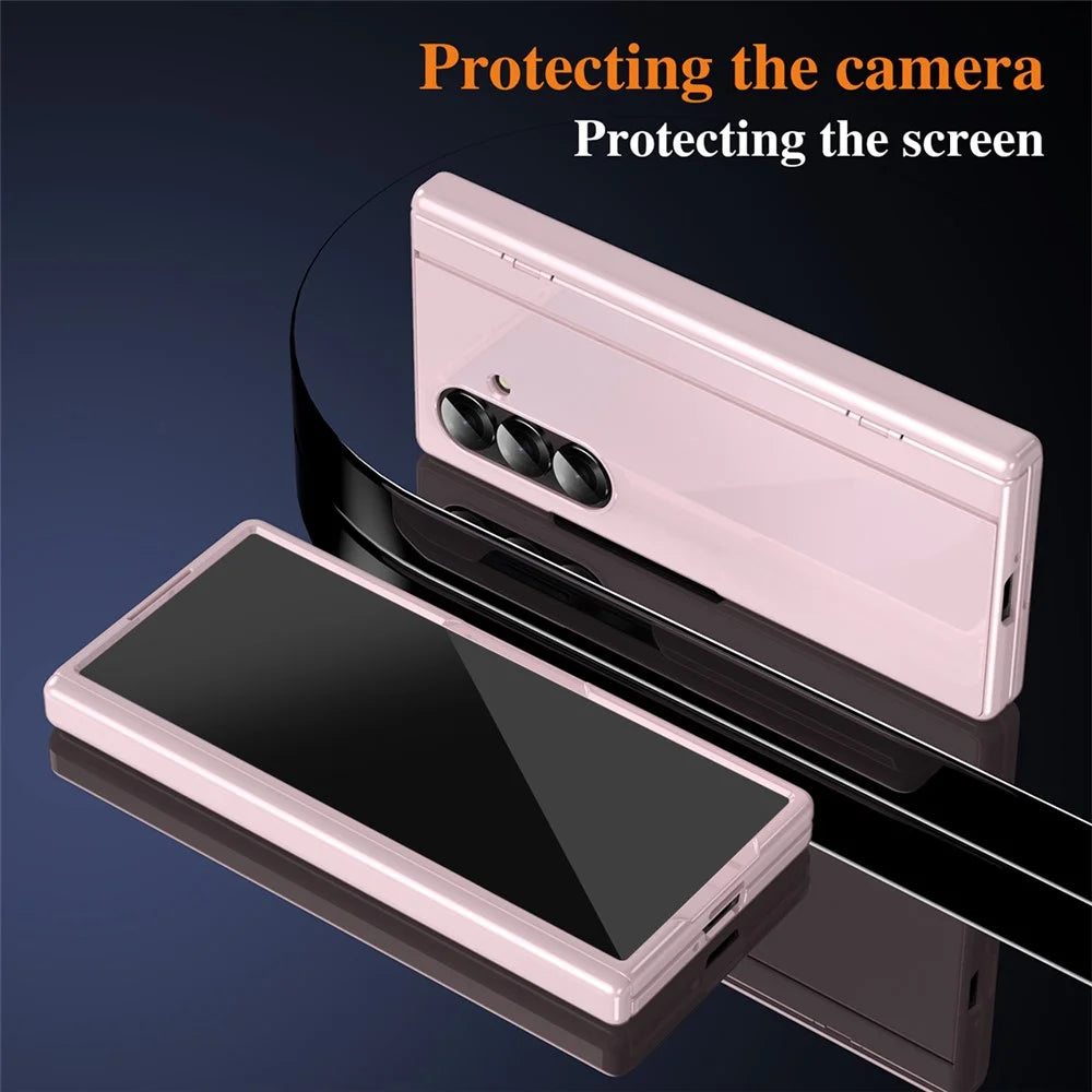 For Samsung Galaxy Z Fold7 5G PC Phone Case with Back Cover Kickstand and Tempered Glass Film - Pink - 5