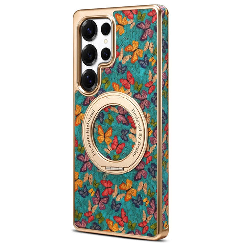 A22 For Samsung Galaxy S24 Ultra Magnetic Case Kickstand Electroplated Floral Phone Cover - Blue - 1