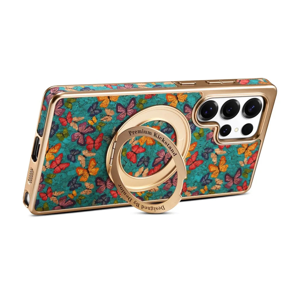A22 For Samsung Galaxy S24 Ultra Magnetic Case Kickstand Electroplated Floral Phone Cover - Blue - 4