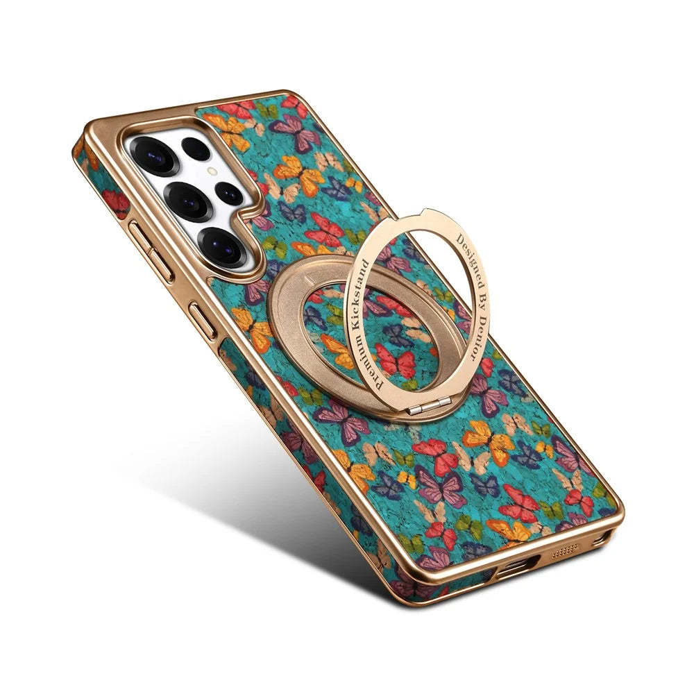 A22 For Samsung Galaxy S24 Ultra Magnetic Case Kickstand Electroplated Floral Phone Cover - Blue - 5