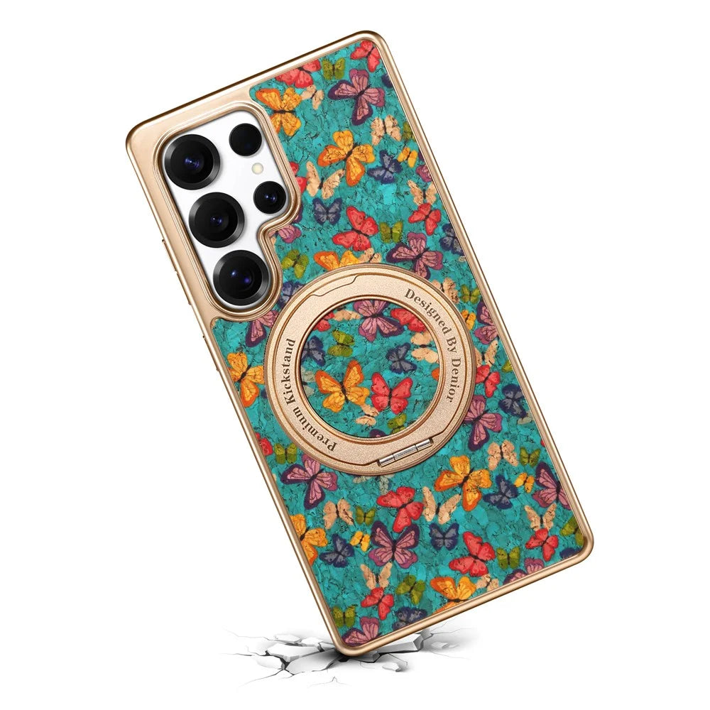A22 For Samsung Galaxy S25 Ultra Magnetic Case Kickstand Electroplated Floral Phone Cover - Blue - 7