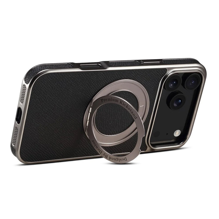 For iPhone 17 Pro Kickstand Case Genuine Cow Leather Back Cover Compatible with MagSafe - Black - 4