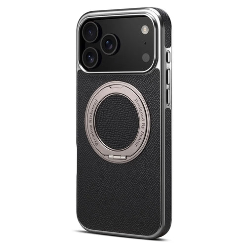 For iPhone 17 Pro Max Kickstand Case Genuine Cow Leather Back Cover Compatible with MagSafe - Black - 1