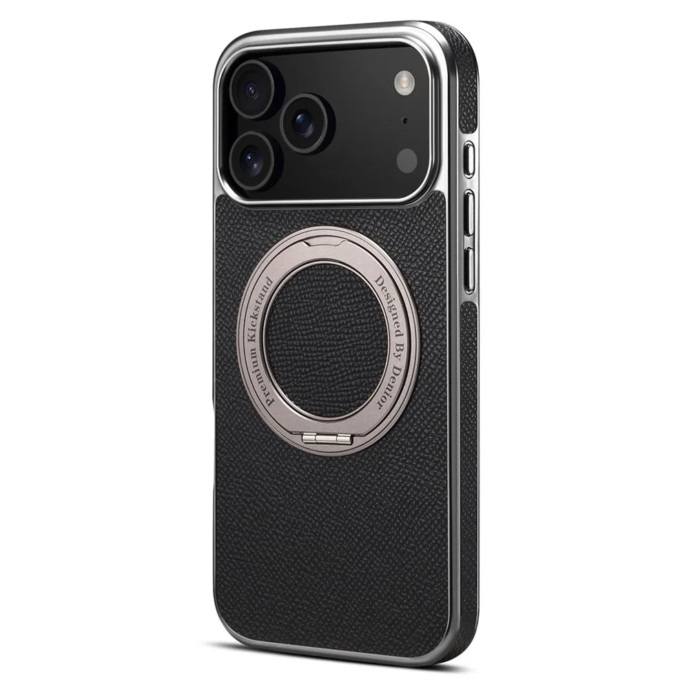 For iPhone 17 Pro Max Kickstand Case Genuine Cow Leather Back Cover Compatible with MagSafe - Black - 1