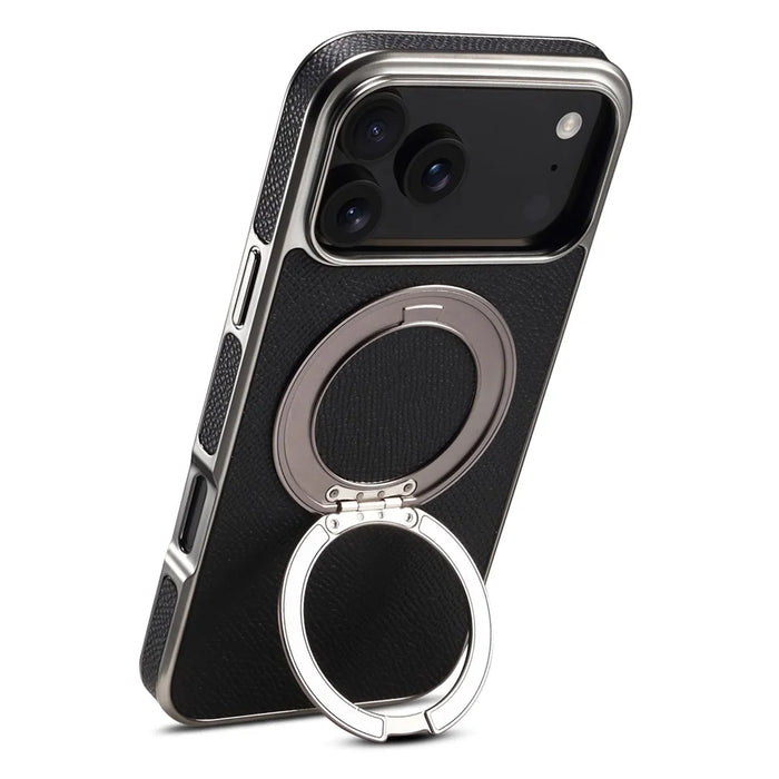 For iPhone 17 Pro Max Kickstand Case Genuine Cow Leather Back Cover Compatible with MagSafe - Black - 3