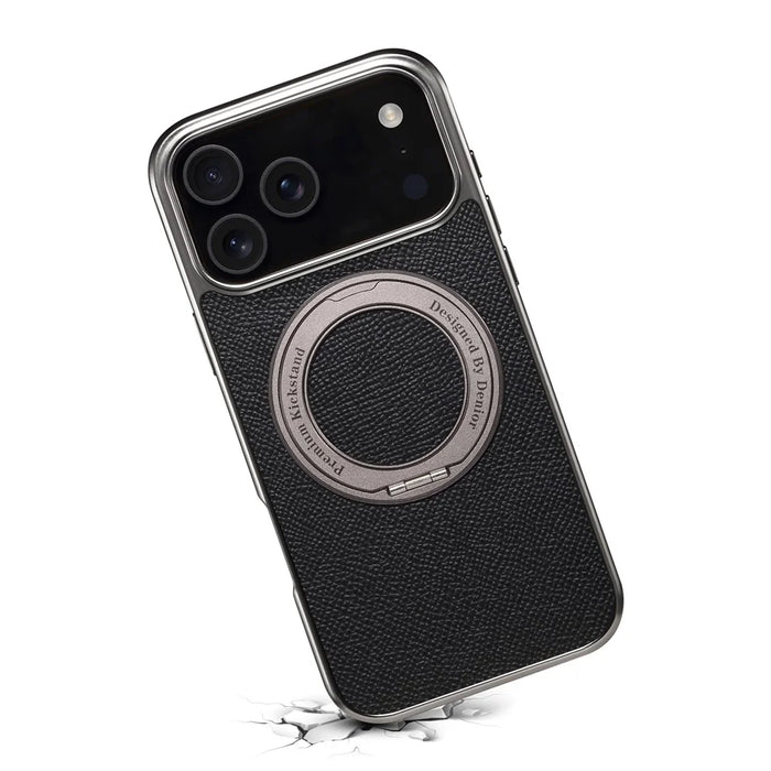 For iPhone 17 Pro Max Kickstand Case Genuine Cow Leather Back Cover Compatible with MagSafe - Black - 7