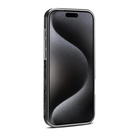 For iPhone 17 Pro Kickstand Phone Case Flower Imprint Genuine Cow Leather Back Cover Compatible with MagSafe - Black - 2