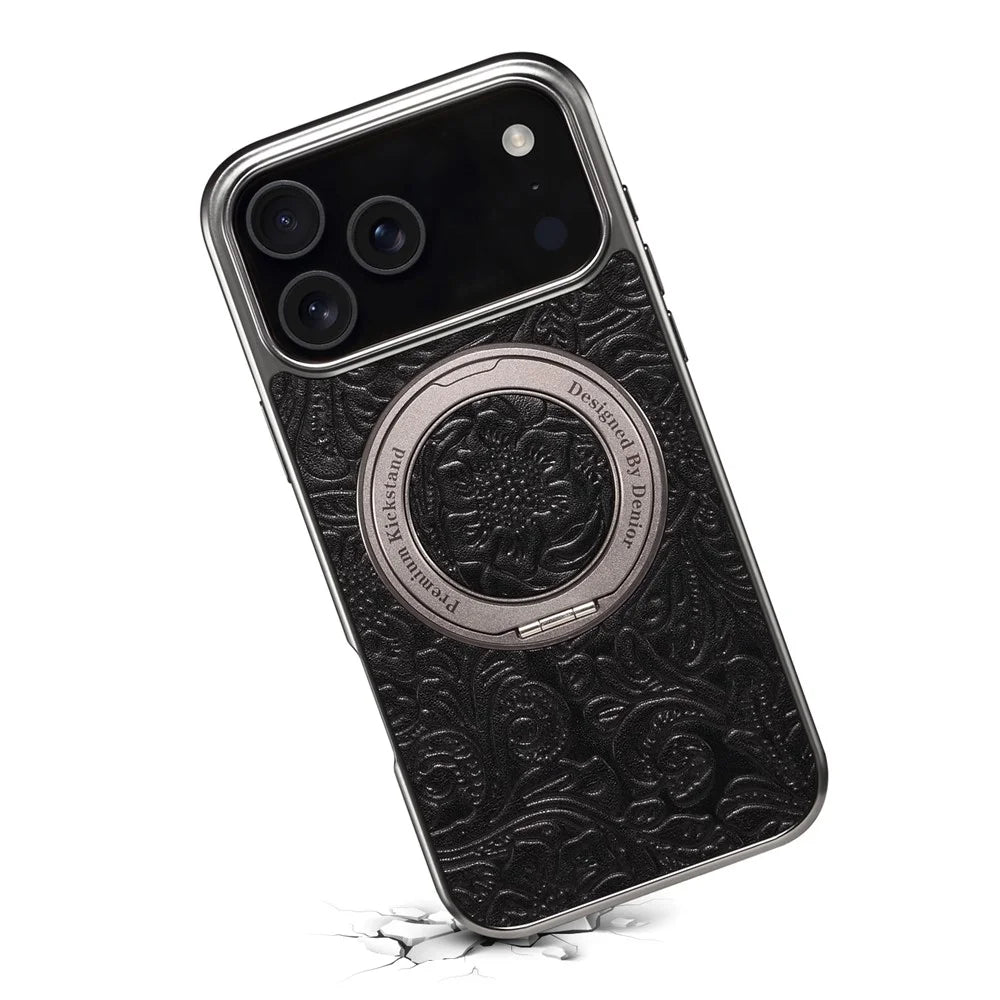 For iPhone 17 Pro Kickstand Phone Case Flower Imprint Genuine Cow Leather Back Cover Compatible with MagSafe - Black - 6
