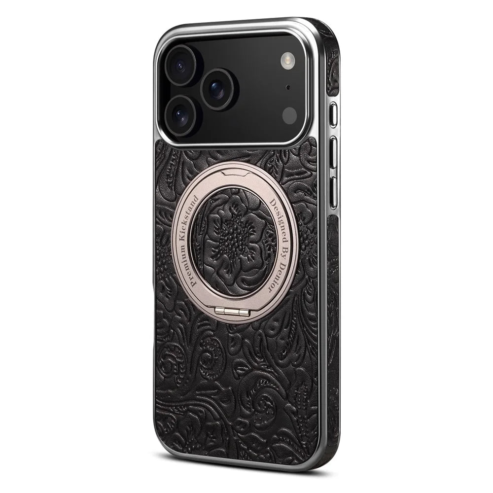 For iPhone 17 Pro Max Kickstand Phone Case Flower Imprint Genuine Cow Leather Back Cover Compatible with MagSafe - Black - 1