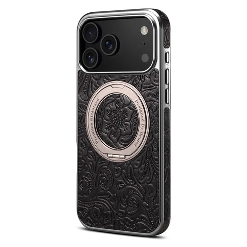 For iPhone 17 Pro Max Kickstand Phone Case Flower Imprint Genuine Cow Leather Back Cover Compatible with MagSafe - Black - 1