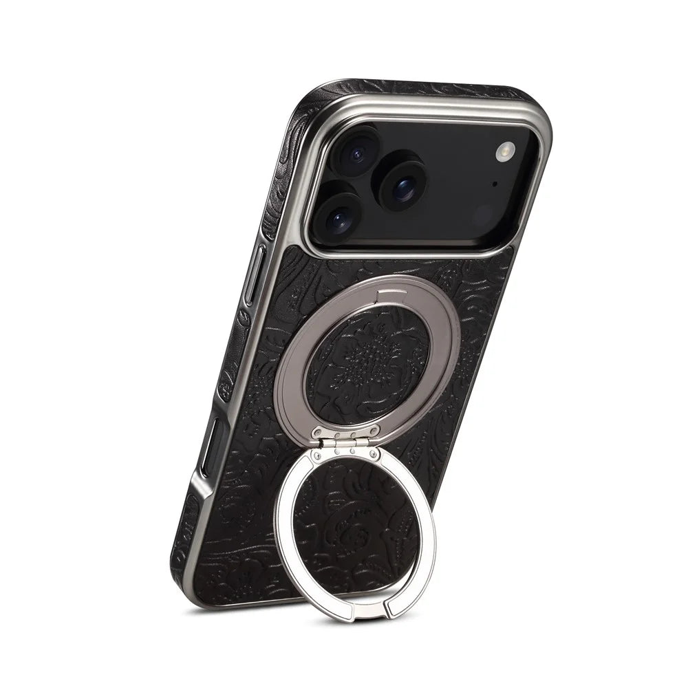 For iPhone 17 Pro Max Kickstand Phone Case Flower Imprint Genuine Cow Leather Back Cover Compatible with MagSafe - Black - 3