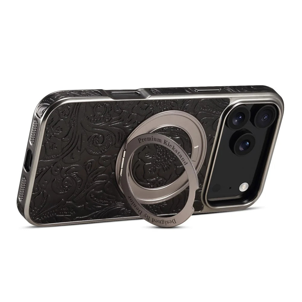 For iPhone 17 Pro Max Kickstand Phone Case Flower Imprint Genuine Cow Leather Back Cover Compatible with MagSafe - Black - 4