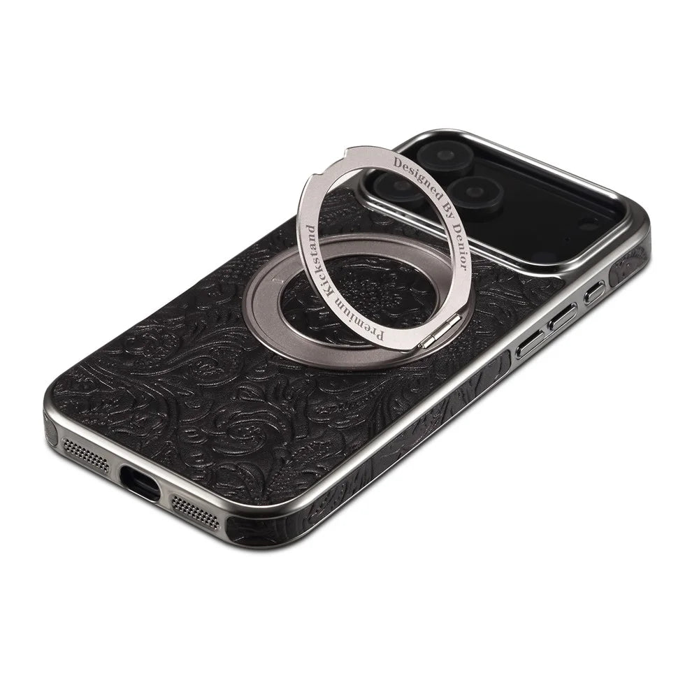 For iPhone 17 Pro Max Kickstand Phone Case Flower Imprint Genuine Cow Leather Back Cover Compatible with MagSafe - Black - 5