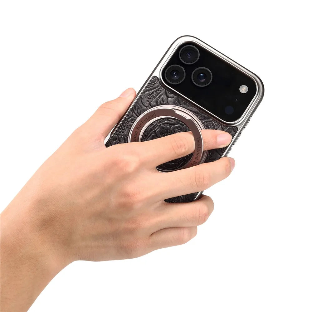 For iPhone 17 Pro Max Kickstand Phone Case Flower Imprint Genuine Cow Leather Back Cover Compatible with MagSafe - Black - 7