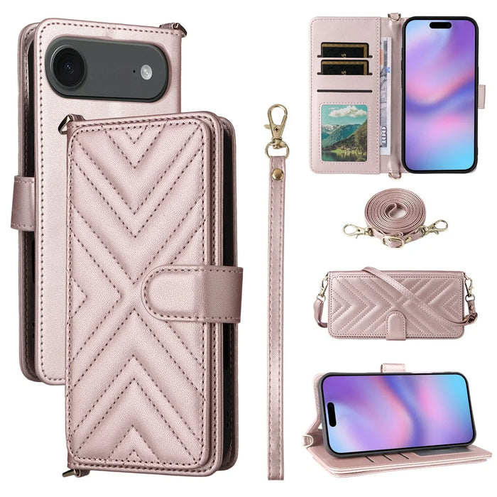For iPhone Air Case with Shoulder  /  Wrist Strap Leather Phone Cover Stand Wallet - Pink - 1