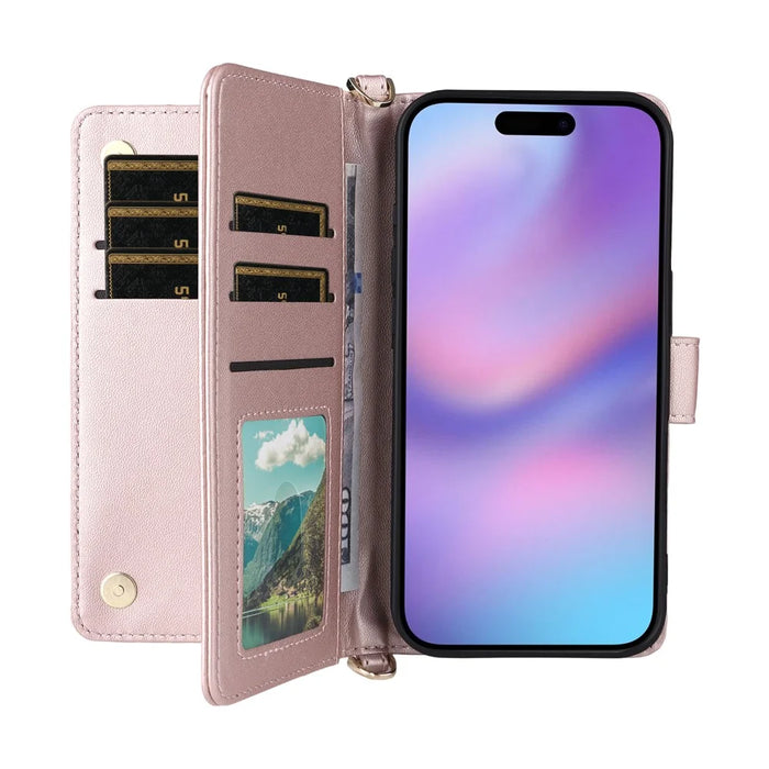 For iPhone Air Case with Shoulder  /  Wrist Strap Leather Phone Cover Stand Wallet - Pink - 2