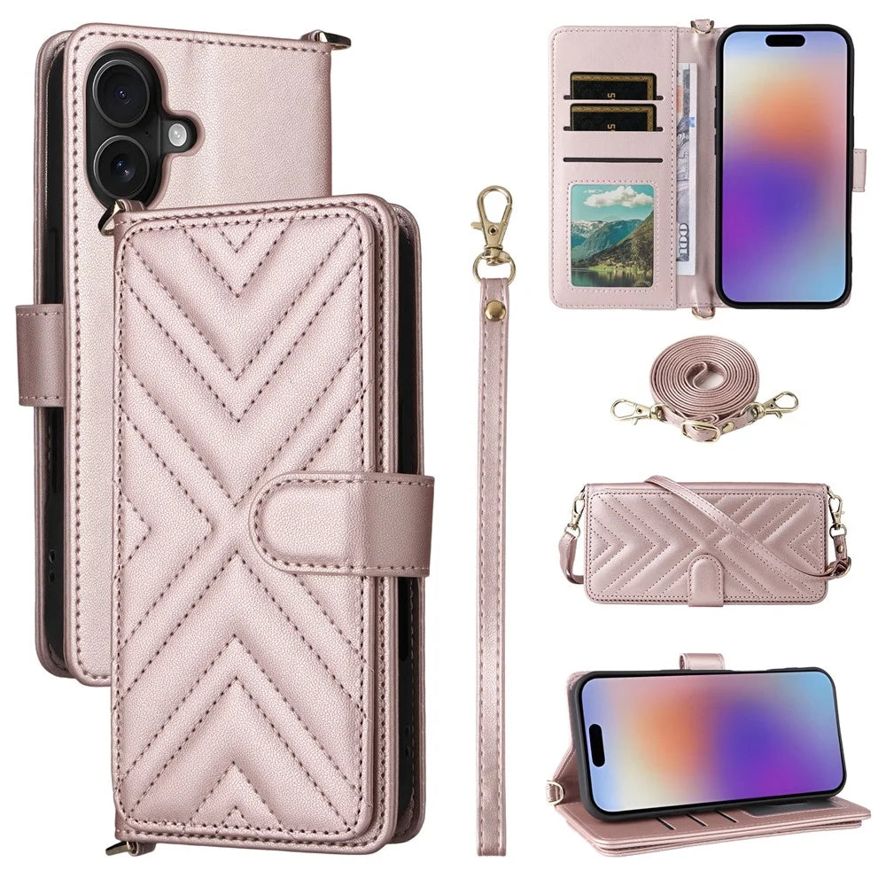For iPhone 17 Case with Shoulder  /  Wrist Strap Leather Phone Cover Stand Wallet - Pink - 1