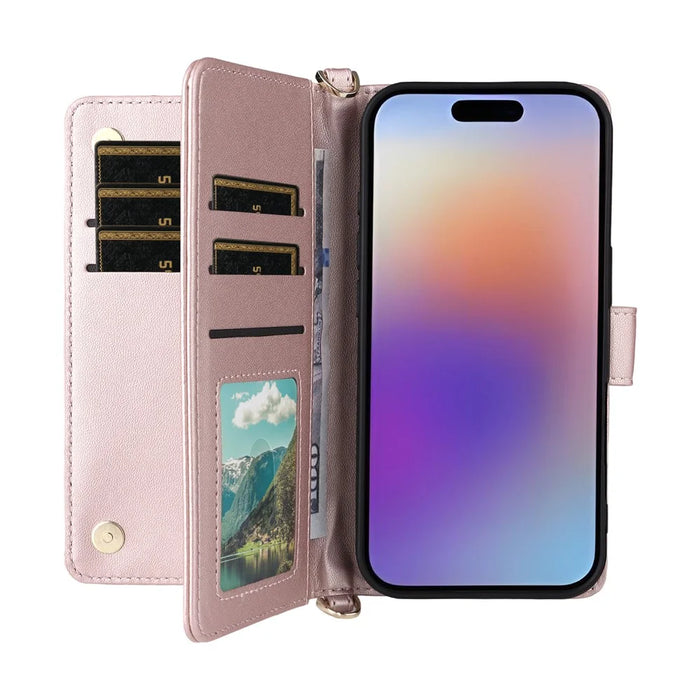 For iPhone 17 Case with Shoulder  /  Wrist Strap Leather Phone Cover Stand Wallet - Pink - 2