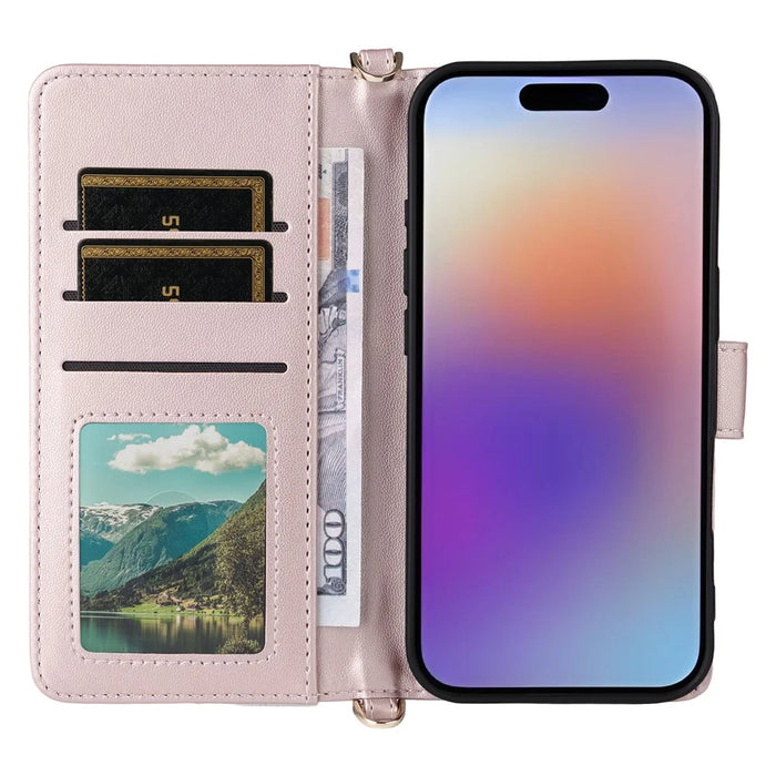 For iPhone 17 Case with Shoulder  /  Wrist Strap Leather Phone Cover Stand Wallet - Pink - 4