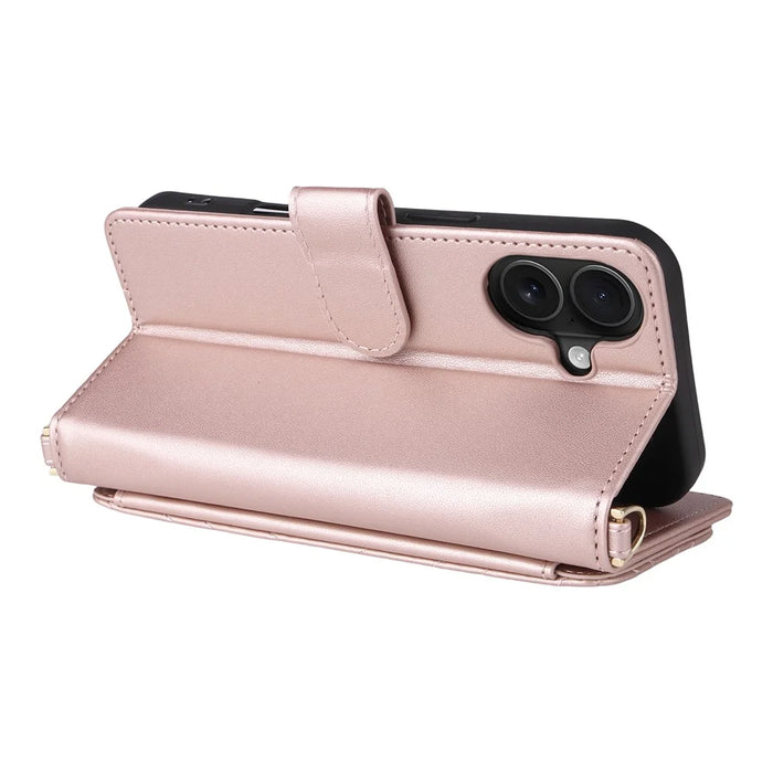 For iPhone 17 Case with Shoulder  /  Wrist Strap Leather Phone Cover Stand Wallet - Pink - 6
