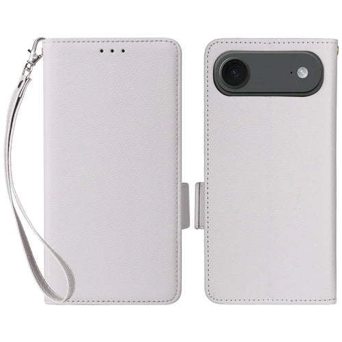 For iPhone Air Case with Wrist Strap Litchi Texture PU Leather Wallet Phone Cover - White - 1